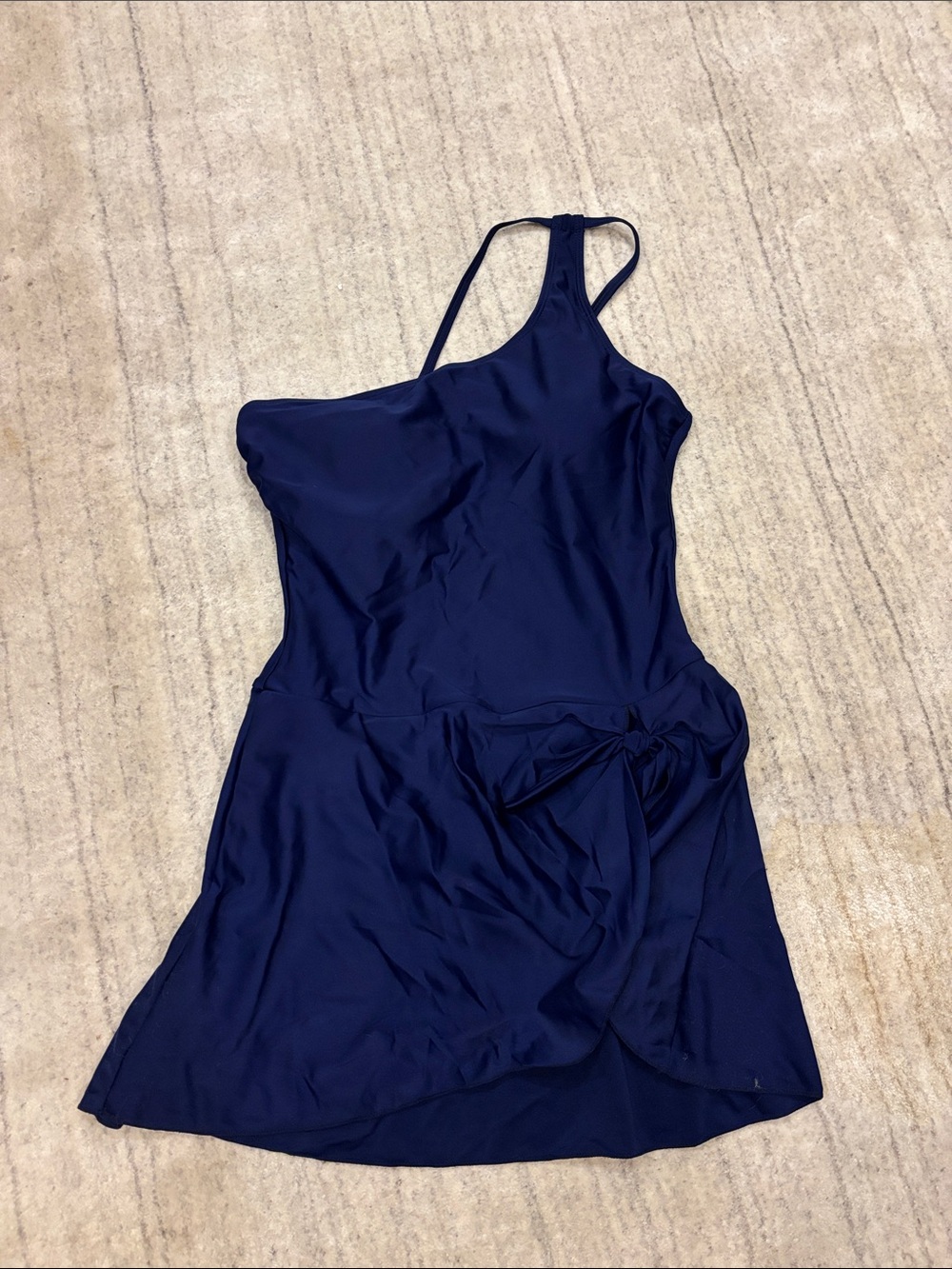 Navy One-Shoulder Swim Dress with Side Tie